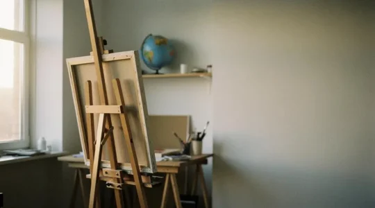 Artiste travaillant seul dans son atelier baigné de lumière naturelle, symbolisant l'apprentissage des techniques de maîtres internationaux depuis chez soi