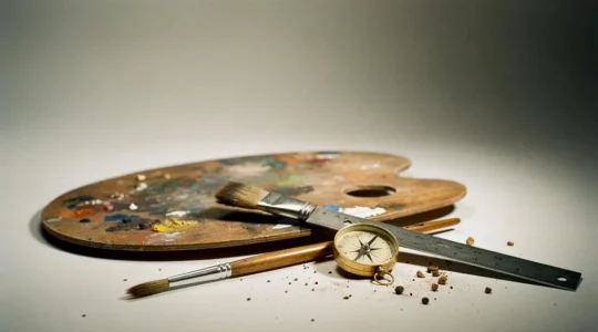 Pinceau et outils de géométrie entrelacés symbolisant le lien entre créativité artistique et pensée intellectuelle