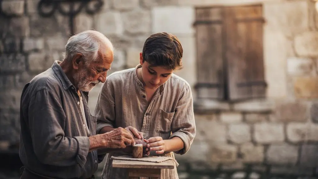 Portrait chaleureux d'un artisan âgé transmettant un geste traditionnel à un jeune apprenti devant une façade patrimoniale en pierre