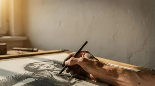 Une personne dessinant au fusain dans un atelier baigné de lumière naturelle, incarnant l'apprentissage autodidacte des arts plastiques