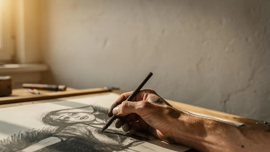Une personne dessinant au fusain dans un atelier baigné de lumière naturelle, incarnant l'apprentissage autodidacte des arts plastiques