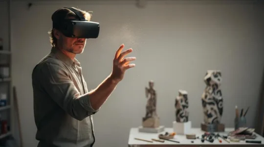 Un artiste porte un casque de réalité virtuelle dans un atelier de création, geste de sculpture numérique suspendu dans l'air
