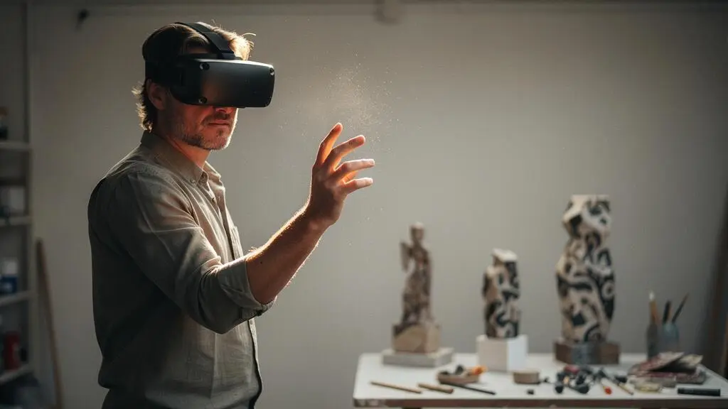 Un artiste porte un casque de réalité virtuelle dans un atelier de création, geste de sculpture numérique suspendu dans l'air