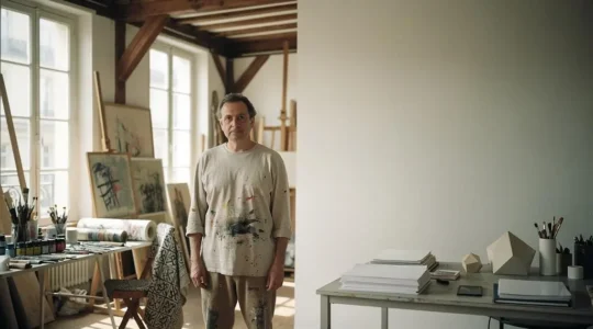 Artiste dans son atelier français symbolisant l'équilibre entre création artistique et structuration administrative