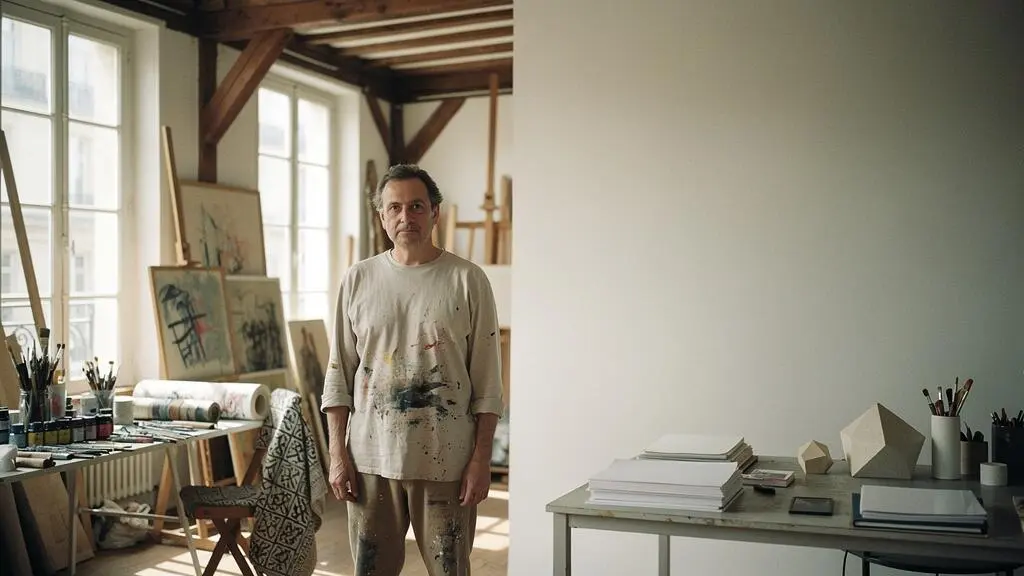 Artiste dans son atelier français symbolisant l'équilibre entre création artistique et structuration administrative