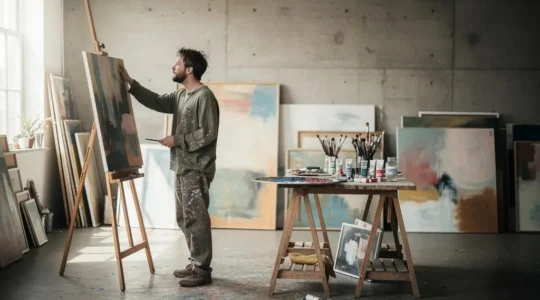 Artiste dans son atelier personnel construisant seul sa réputation artistique, sans galerie ni réseau institutionnel.