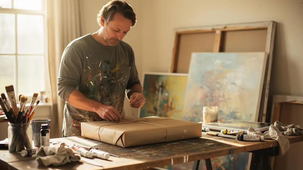 Un artiste emballe soigneusement une toile dans son atelier pour une expédition directe à un collectionneur, symbolisant la vente en ligne sans intermédiaire