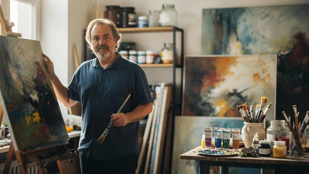 Un artiste peintre dans son atelier traditionnel, entouré de toiles et de pinceaux, avec une lumière évoquant la transition vers le monde numérique