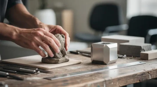 Main d'un créateur ajustant une maquette entre sculpture manuelle et précision numérique dans un atelier de design