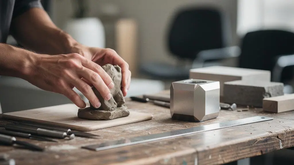 Main d'un créateur ajustant une maquette entre sculpture manuelle et précision numérique dans un atelier de design