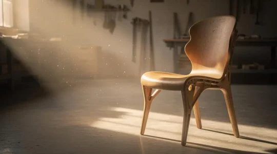 Une chaise en bois sculptee mi-ombre mi-lumiere symbolisant la frontiere entre objet fonctionnel et piece d'art