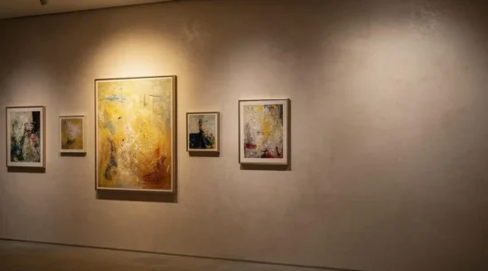 Mur de galerie présentant une collection d'œuvres d'art agencées avec cohérence, symbolisant une histoire visuelle continue