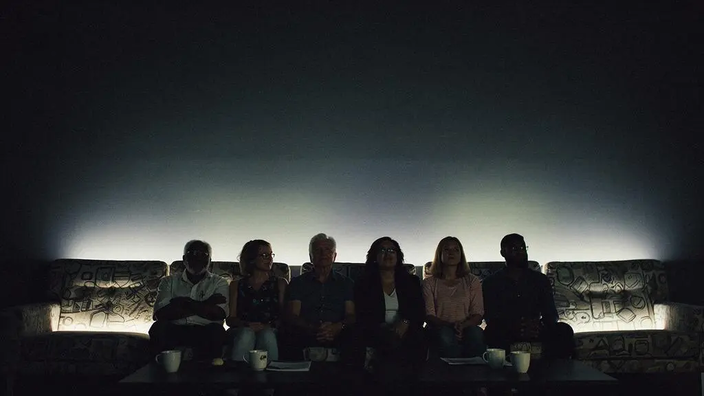 Un groupe de silhouettes assises côte à côte dans une salle sombre, réunies autour de la lueur chaleureuse d'une projection culturelle partagée