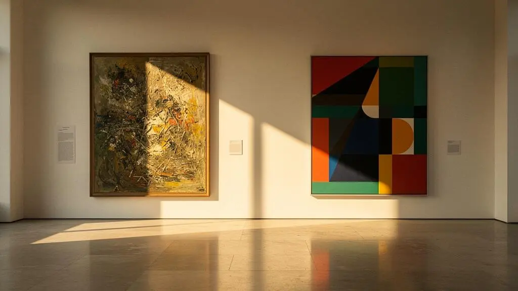 Une toile aux textures impressionnistes dialogue avec une oeuvre contemporaine abstraite dans une galerie baignée de lumière naturelle, symbolisant le pont entre les courants esthétiques historiques et l'art d'aujourd'hui