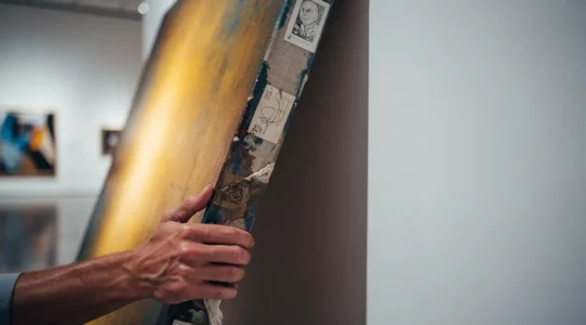 Collectionneur examinant attentivement le dos d'une toile de maître dans une galerie d'art baignée de lumière naturelle contrastée