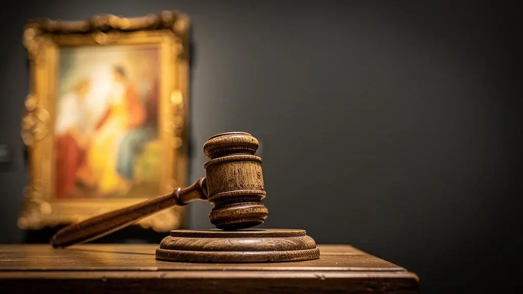 Marteau de commissaire-priseur en gros plan face à une toile floutée en arrière-plan, symbolisant la tension d'une vente aux enchères d'art