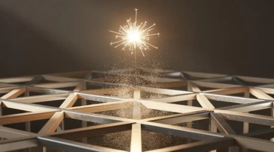 Une étincelle lumineuse stylisée se propageant à travers une grille géométrique ordonnée, symbole du passage de l'inspiration spontanée à une méthode de conception structurée.