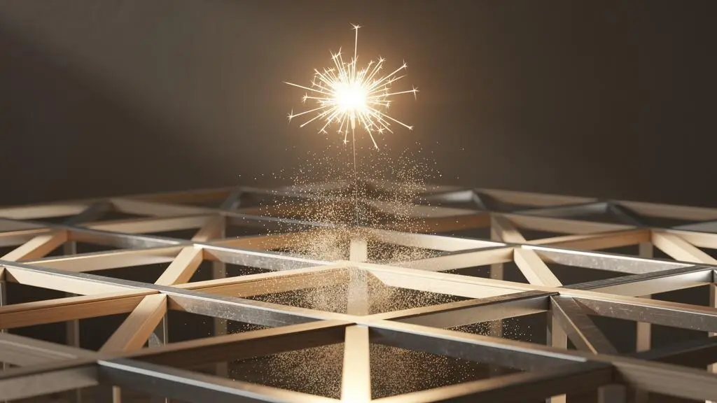 Une étincelle lumineuse stylisée se propageant à travers une grille géométrique ordonnée, symbole du passage de l'inspiration spontanée à une méthode de conception structurée.