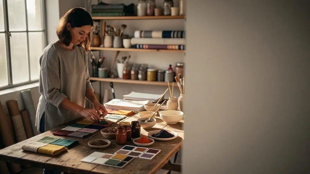 Entrepreneur créatif organisant des échantillons de couleurs, textures et objets artistiques sur un plan de travail pour composer son identité visuelle