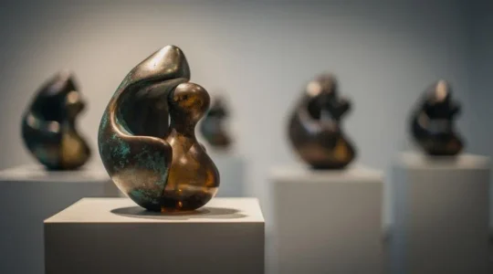 Une sculpture unique isolee sous une lumiere dramatique, symbolisant la valeur exclusive d'une piece originale face a des reproductions estompees en arriere-plan