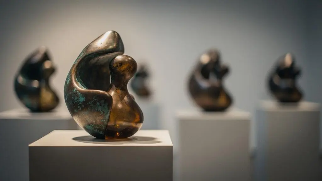 Une sculpture unique isolee sous une lumiere dramatique, symbolisant la valeur exclusive d'une piece originale face a des reproductions estompees en arriere-plan