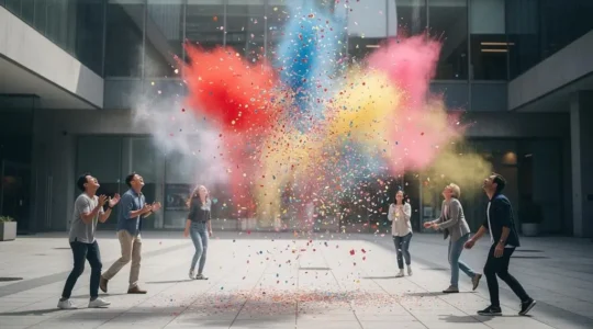 Irruption artistique spontanee et colorée surprenant des passants sur une place urbaine minimaliste