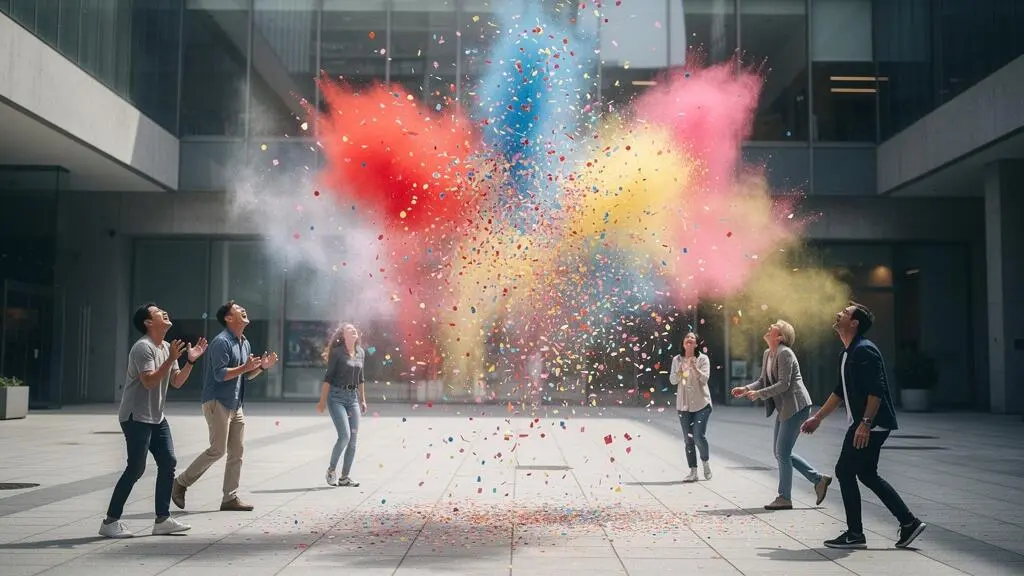 Irruption artistique spontanee et colorée surprenant des passants sur une place urbaine minimaliste