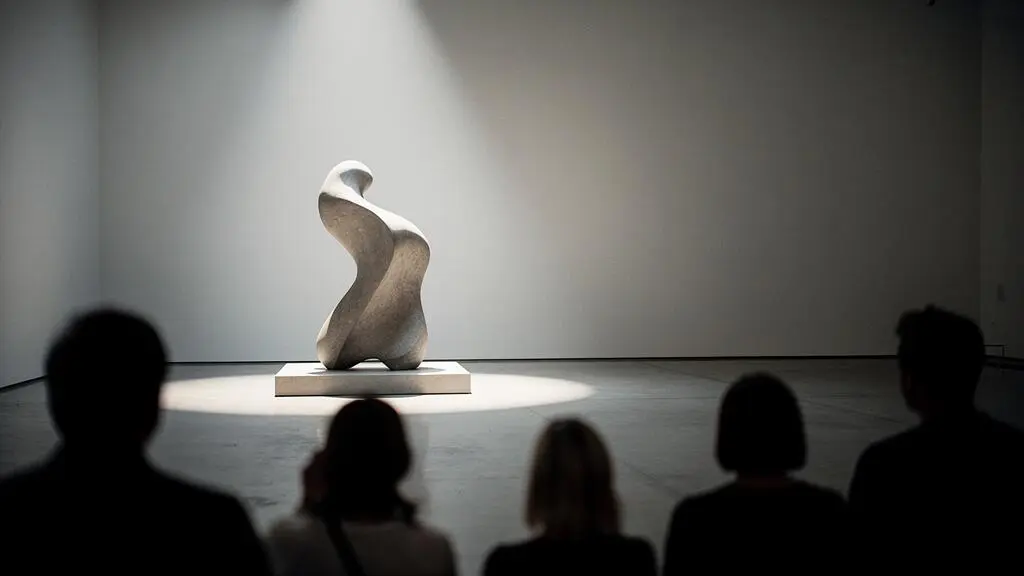 Une œuvre d'art suspendue dans une galerie, éclairée par un unique projecteur, symbolisant le pouvoir du regard critique sur la perception artistique