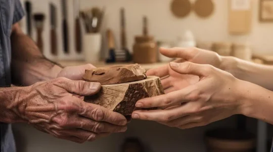 Mains d'un artisan d'art façonnant un matériau brut, symbole du lien entre savoir-faire ancestral et création contemporaine