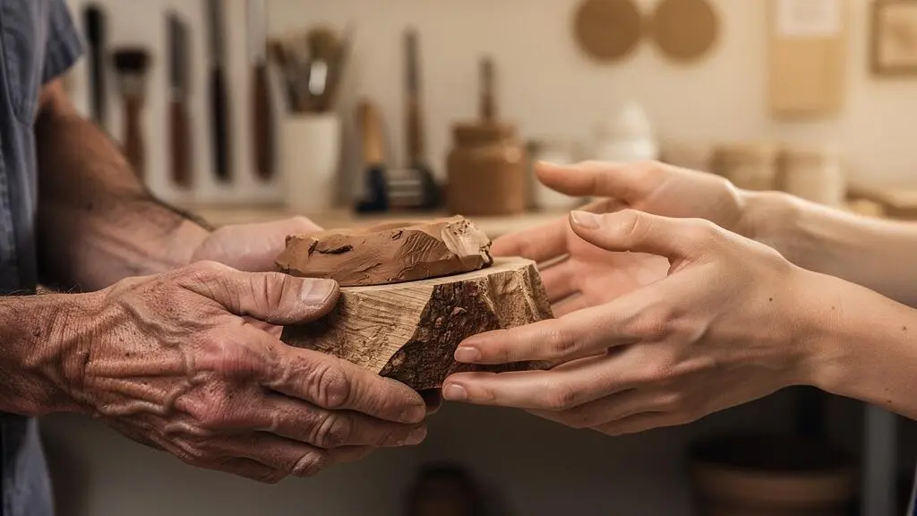 Mains d'un artisan d'art façonnant un matériau brut, symbole du lien entre savoir-faire ancestral et création contemporaine