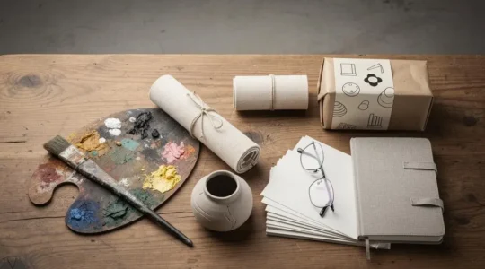 Nature morte éditoriale représentant les multiples sources de revenus d'un artiste indépendant, organisées en mosaïque équilibrée
