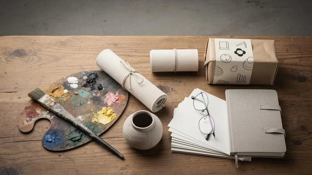 Nature morte éditoriale représentant les multiples sources de revenus d'un artiste indépendant, organisées en mosaïque équilibrée