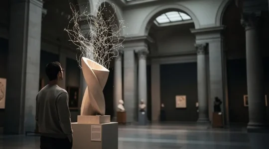 Silhouette contemplant une œuvre d'art dont la lumière se prolonge en un réseau lumineux abstrait suggérant la diffusion numérique