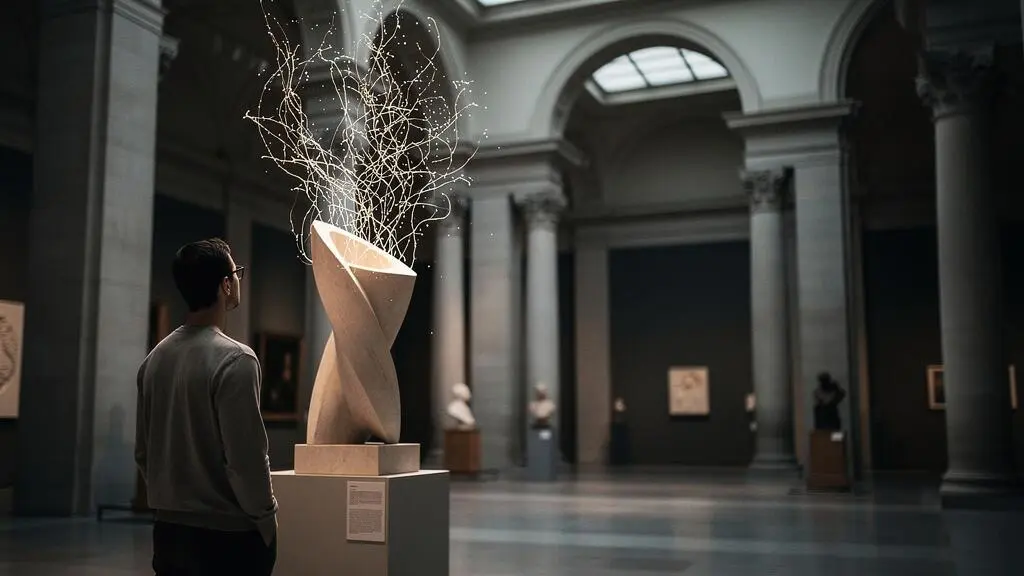 Silhouette contemplant une œuvre d'art dont la lumière se prolonge en un réseau lumineux abstrait suggérant la diffusion numérique