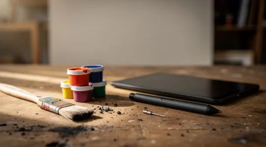 Composition symbolique illustrant la rencontre entre outils traditionnels et numériques dans la création artistique