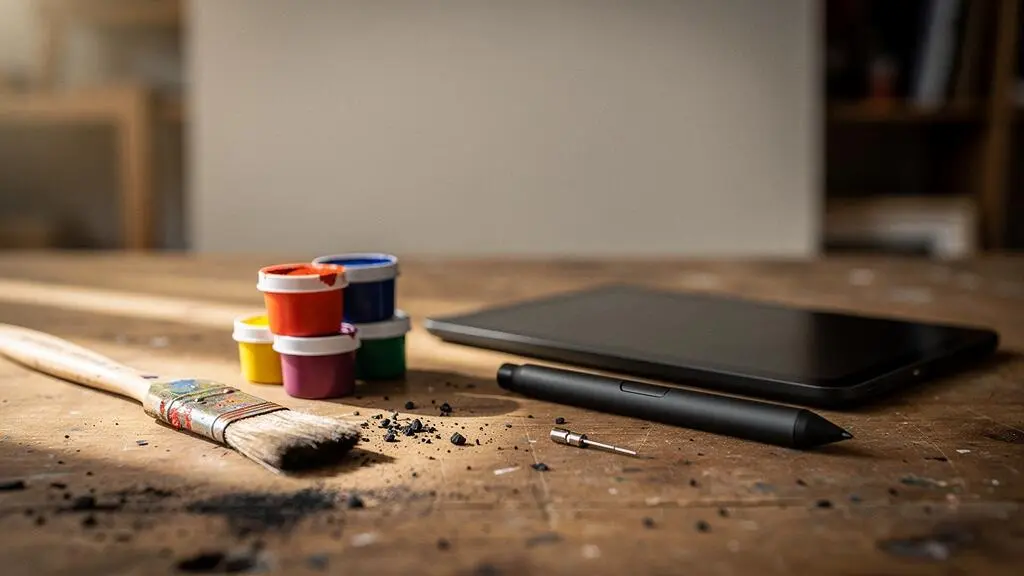 Composition symbolique illustrant la rencontre entre outils traditionnels et numériques dans la création artistique