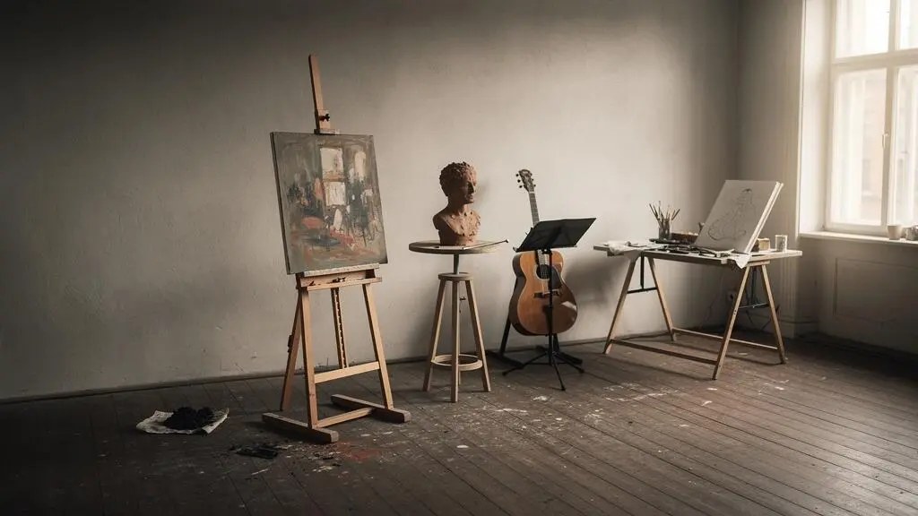 Artiste organisant sa progression créative par petites étapes successives dans un atelier lumineux