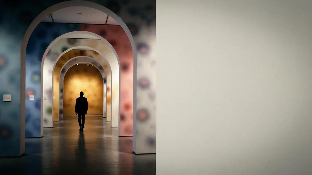 Silhouette d'un visiteur traversant une enfilade de salles d'exposition baignées de lumières changeantes, symbolisant un parcours intellectuel et émotionnel
