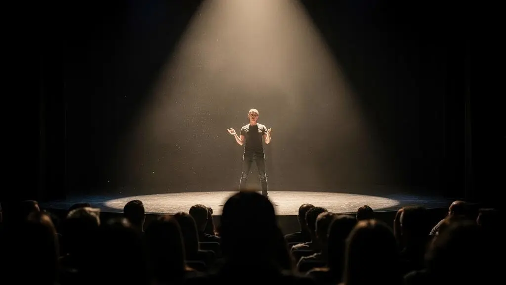 Performeur seul sur scène dans un halo de lumière face à un public captivé, incarnant l'instant suspendu d'une performance live marquante