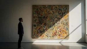 Visiteur ordinaire face a une oeuvre d'art dans un musee, symbolisant le pont tendu entre un public eloigne de la culture et la richesse artistique