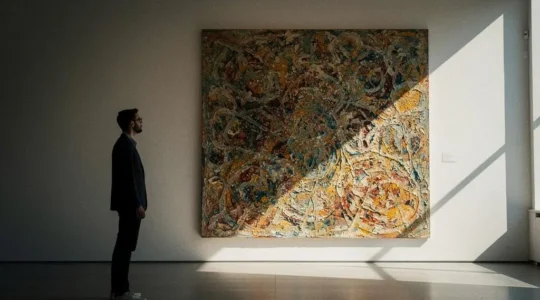 Visiteur ordinaire face a une oeuvre d'art dans un musee, symbolisant le pont tendu entre un public eloigne de la culture et la richesse artistique
