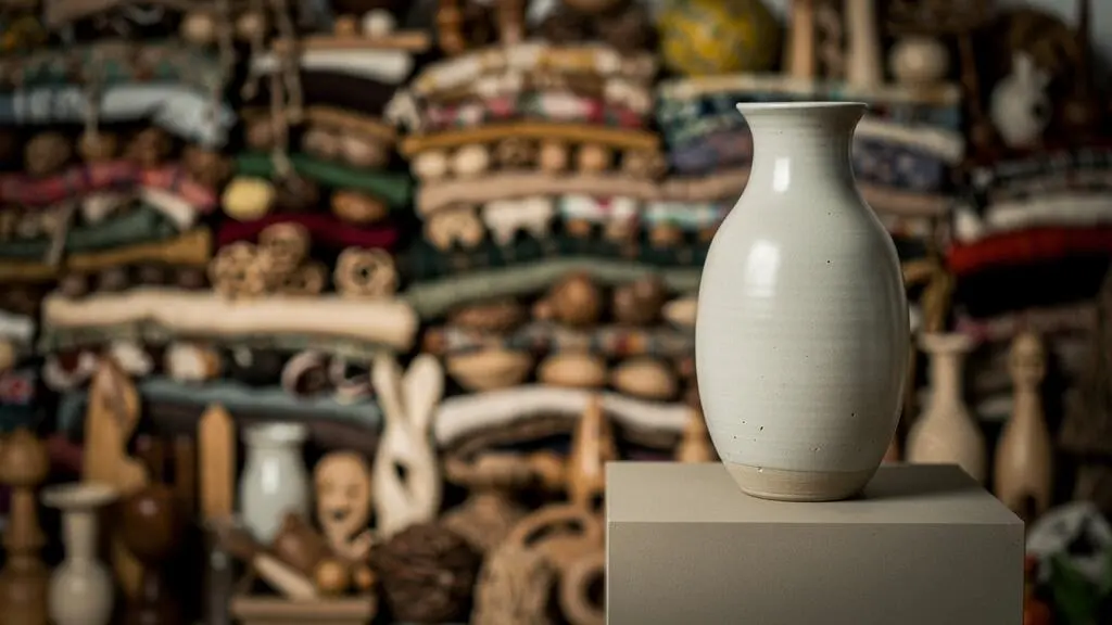 Sculpture en céramique artisanale isolée sous une lumière ciblée, symbolisant la précision d'un portail de vente spécialisé face à la profusion d'un marché généraliste