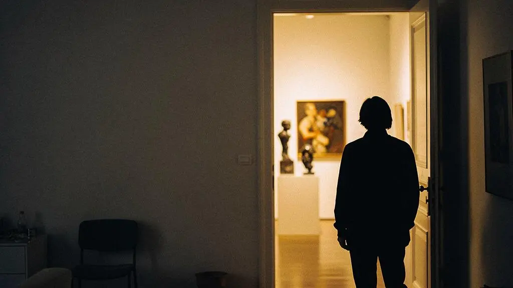 Silhouette de dos face a une porte de lumiere ouverte sur une galerie d'art lointaine, symbole de l'acces a la culture par-dela la distance geographique