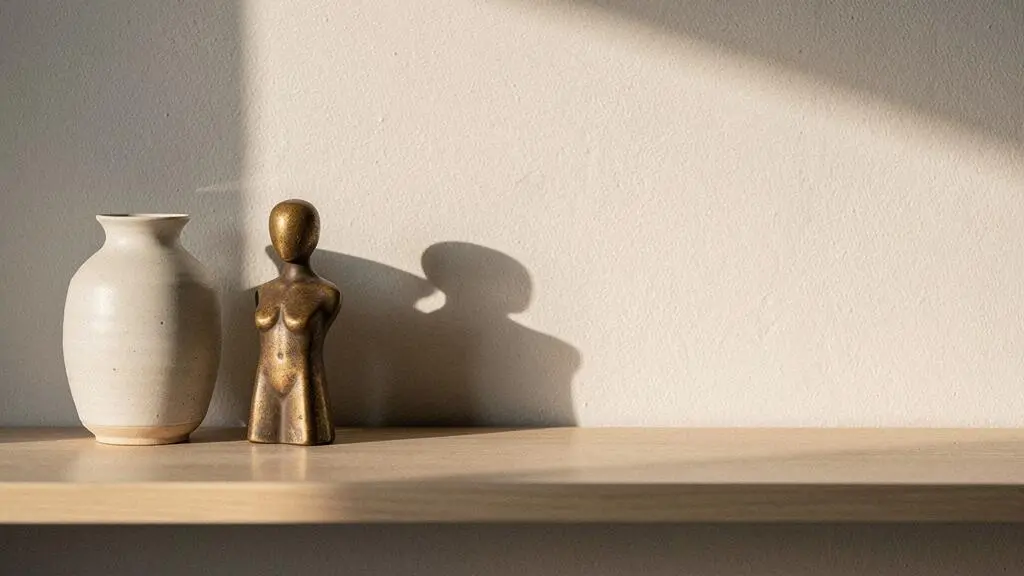 Petite sculpture et céramique d'art posées sur une étagère en bois dans un intérieur lumineux, symbolisant le début d'une collection d'art accessible