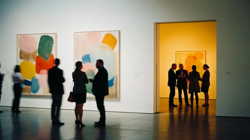 Vue grand angle d'une galerie d'art pendant un vernissage, avec un groupe de visiteurs discutant discrètement en retrait dans une pièce adjacente faiblement éclairée