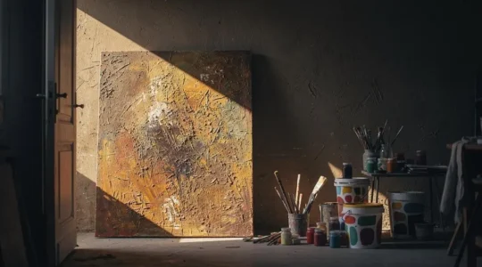 Porte entrouverte d'un atelier d'artiste laissant passer un rayon de lumière sélectif sur une toile texturée, symbolisant le filtrage d'une identité de marque artistique