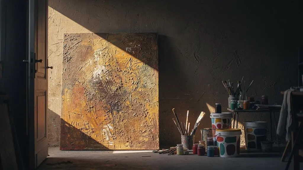 Porte entrouverte d'un atelier d'artiste laissant passer un rayon de lumière sélectif sur une toile texturée, symbolisant le filtrage d'une identité de marque artistique