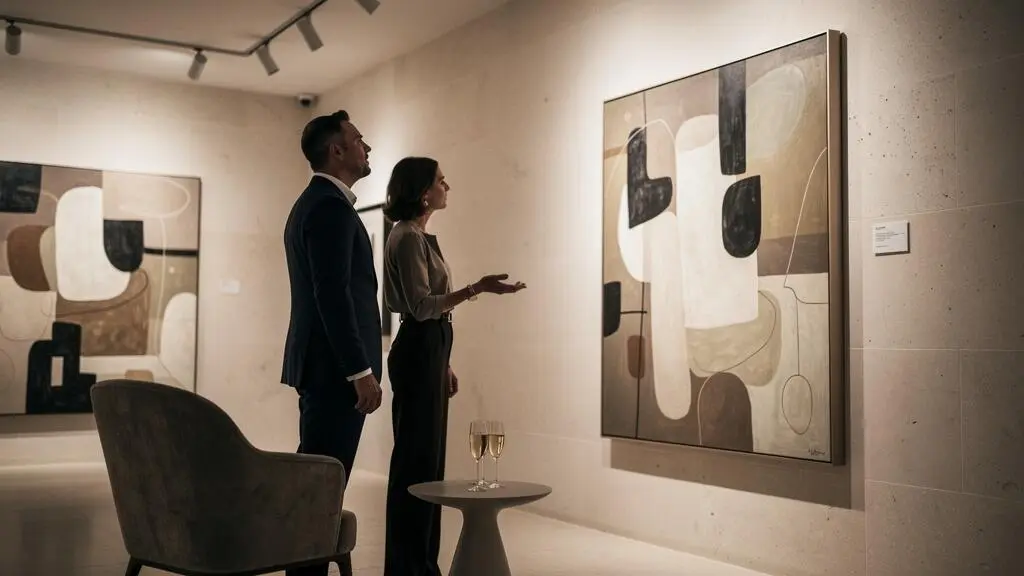 Collectionneur contemplant une oeuvre d'art dans un showroom prive luxueux baigne de lumiere douce