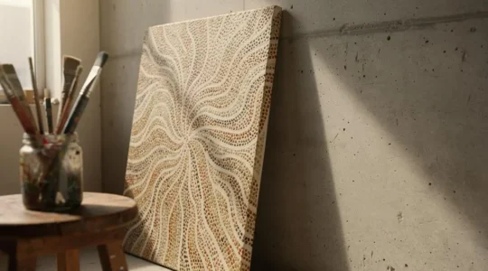 Détail abstrait d'une toile aux motifs répétitifs et hypnotiques symbolisant une signature visuelle immédiatement reconnaissable
