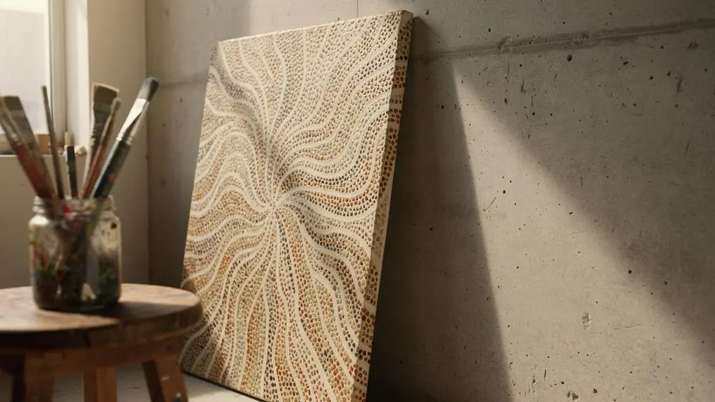 Détail abstrait d'une toile aux motifs répétitifs et hypnotiques symbolisant une signature visuelle immédiatement reconnaissable